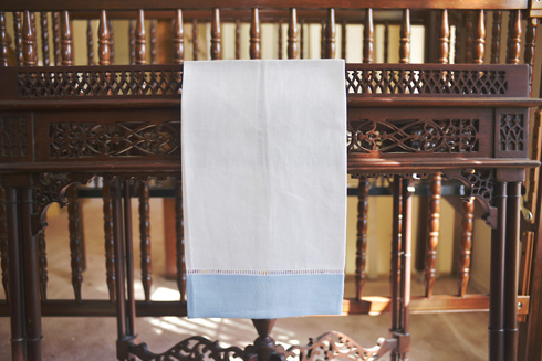 White Hemstitch Guest Towel with Blue Bell Colored Border 14"x22 - Click Image to Close
